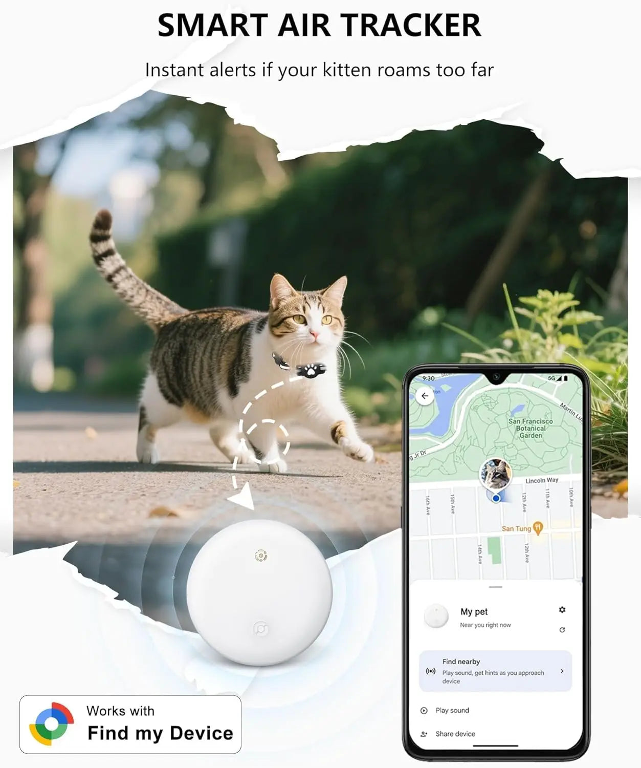 Rastreador Bluetooth Compatible con Google Find My (solo Android), rastreador para mascotas, rastreador de ubicación para gatos con soporte, collar para gatos